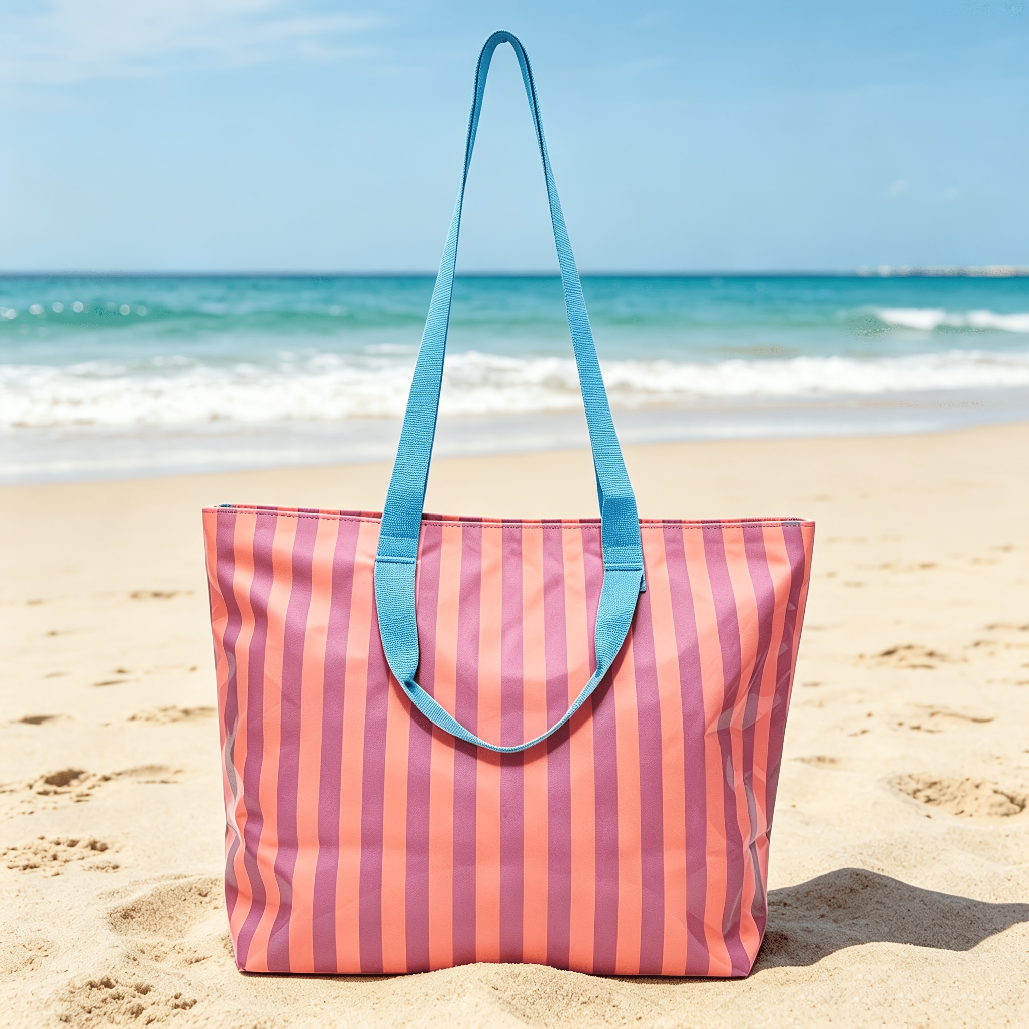 TEMU 1pc Pink Green Striped Beach Tote Bag, Large Capacity Shoulder Bag, Casual Travel Handbag With Inner Zipper Pouch, Suitable For Beach, Pool, And