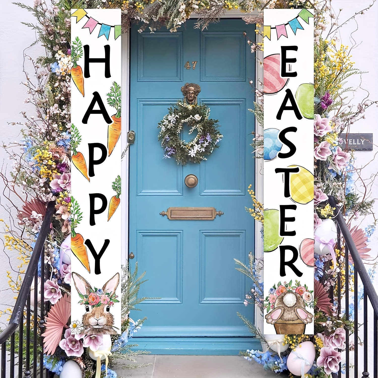 

2pcs Polyester Easter Door Banner Set, & Eggs , Seasonal Welcome Hanging Flags, 71x12 Inch, For Decor, Indoor Use Without Electricity