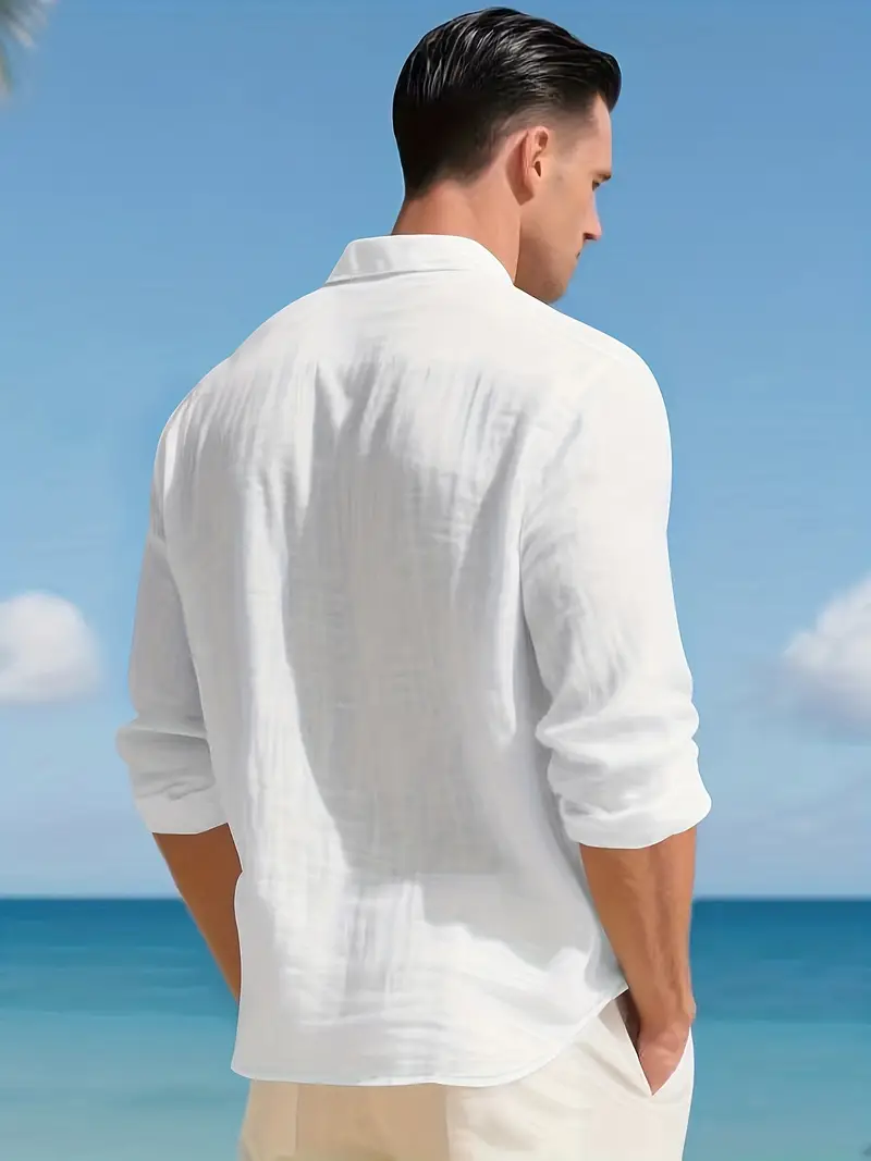 mens reversible stand collar linen shirt beige collar long sleeve button up button top machine washable regular casual formal wear fiber dress shirt Product details 16