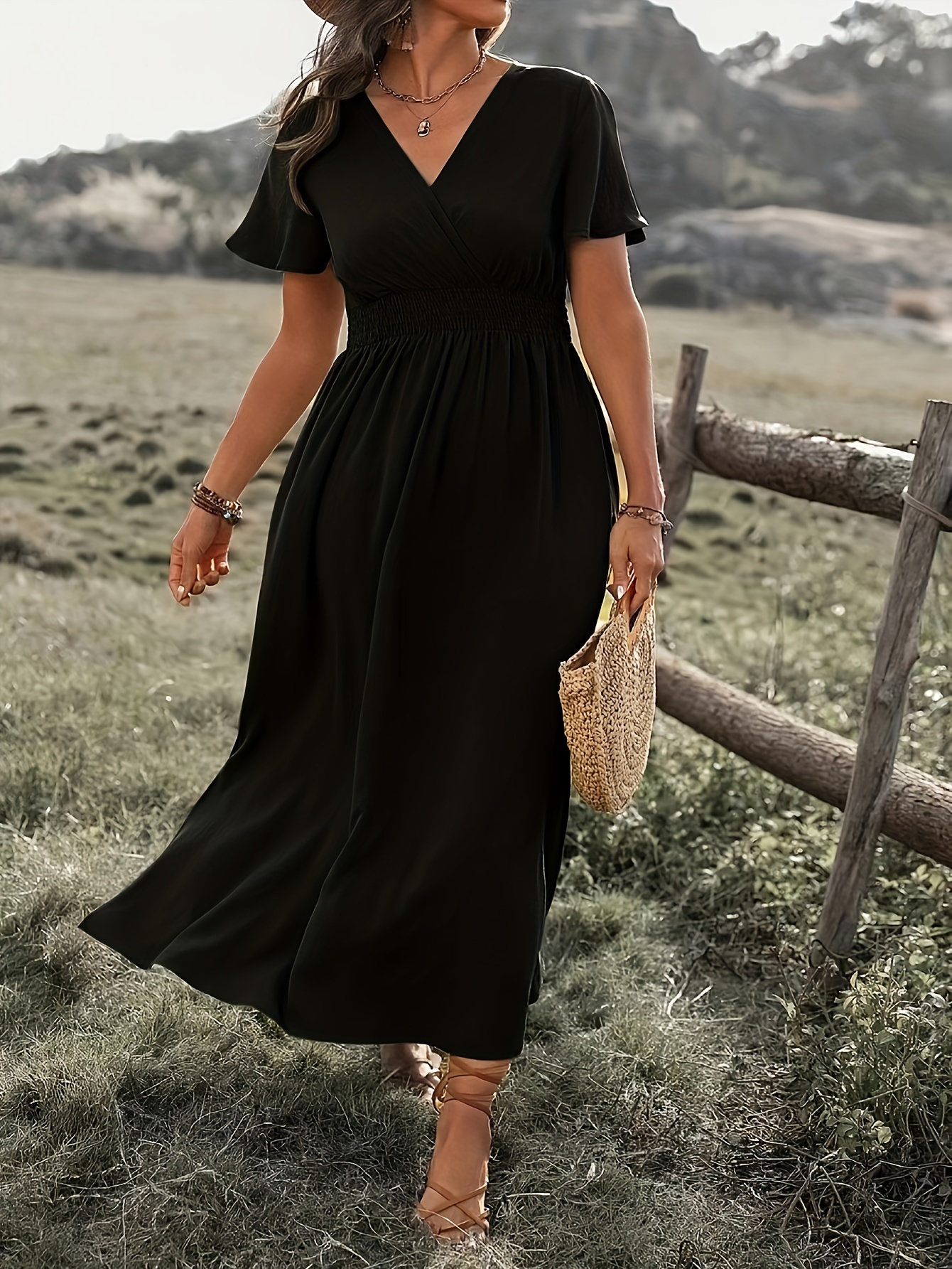 womens black chiffon cross neck short sleeve dress fit - Temu Mauritius