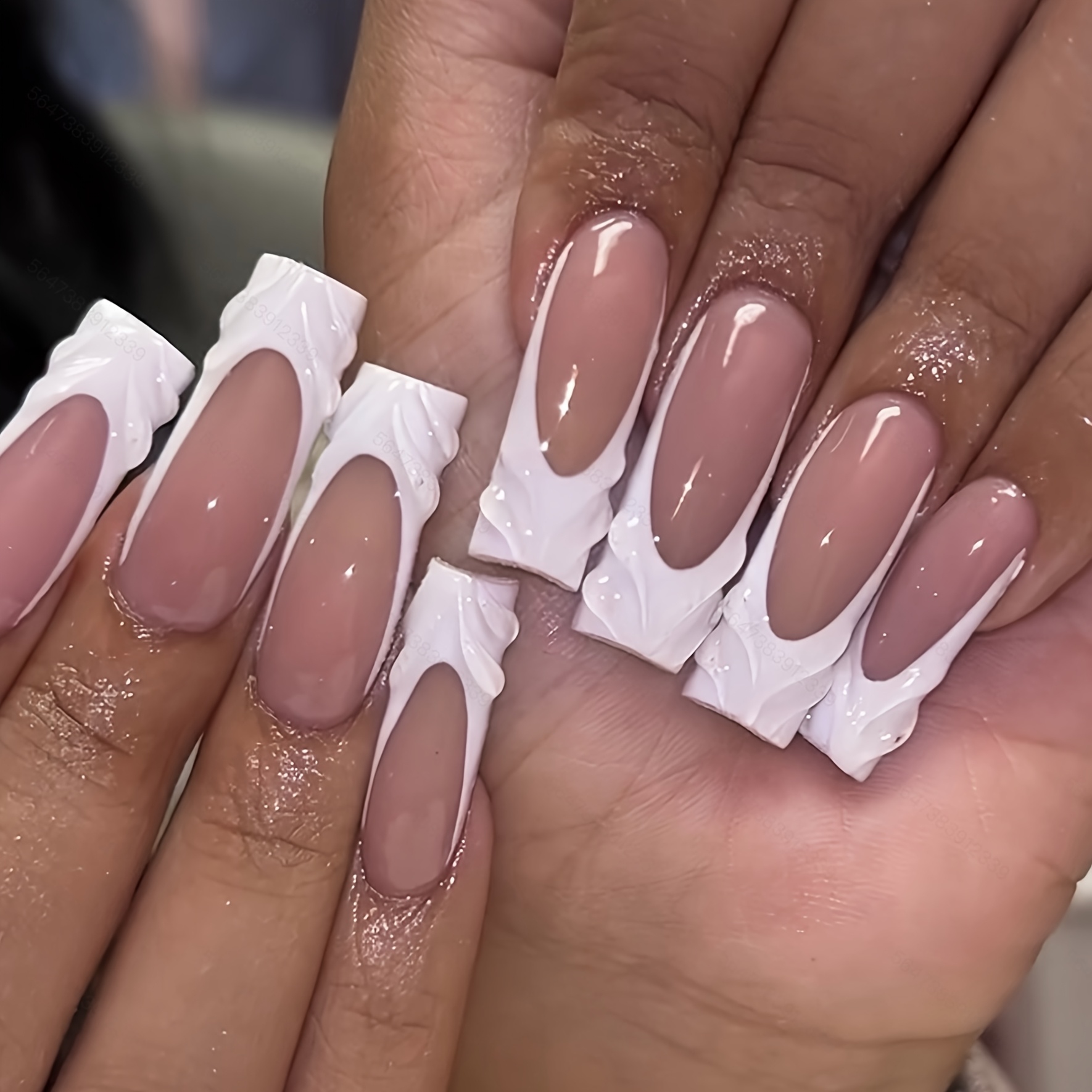 TEMU 10pcs Pack Women' Handmade Full Coverage Nail Stickers - White & French Nude Wearable Nails With 3 Hand-painted Square Press- Nails Suitable For , Look For Daily Wear Or