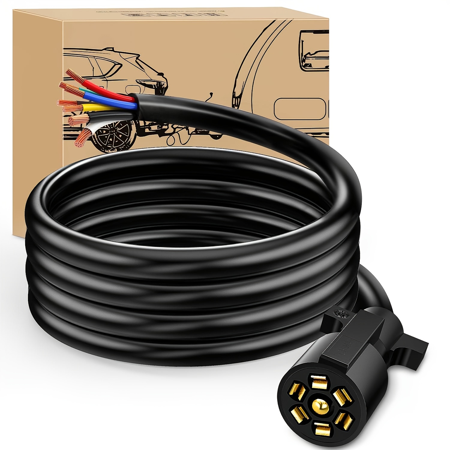TEMU 7 Way Inline Trailer Plug With 7 Gang Junction Box -12 Feet Connector Cable Wiring Harness Suitable For Rv Cars/ 8 Feet Heavy Duty 7 Way Plug Inline Trailer Cord For Truck Camper Blade Molded Rv