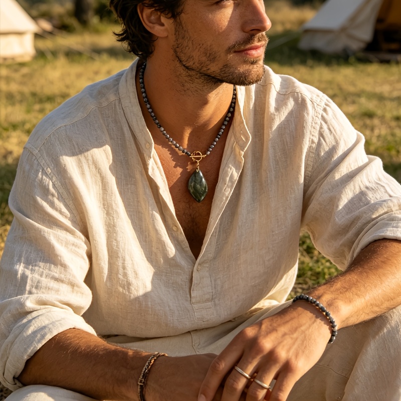 Men's Labradorite Beaded Necklace with Golden Toggle Clasp