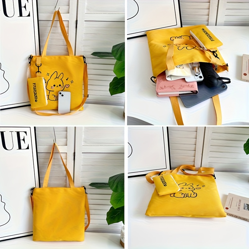 Große Schultertasche mit blauem Denim-Hasenmuster und passendem Mini-Etui, lässige Handtasche für Studenten_voghion.com