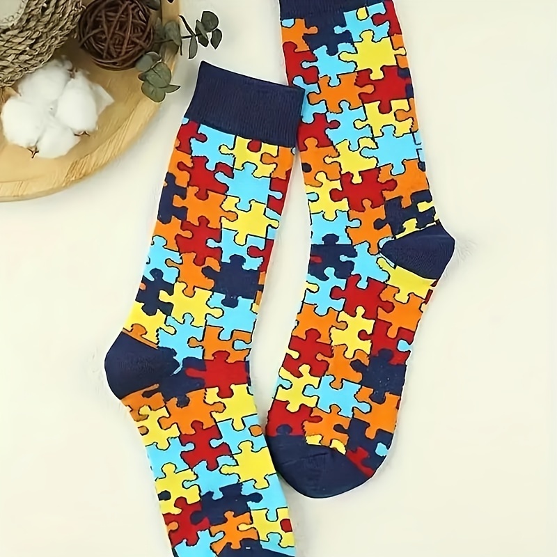 

Men's Breathable Crew Socks With Cartoon Puzzle Design - Fit