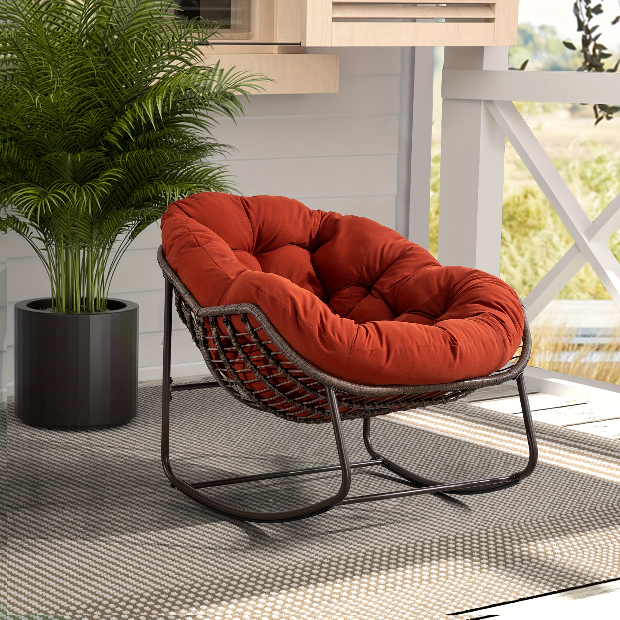 outdoor rattan rocking chair with plush foam cushion sturdy metal frame heavy duty all weather padded recliner manual rocker mechanism for front porch patio   room indoor outdoor furniture with cross   polished   easy   garden furniture outdoor garden chair rocking chair for living room oversized rocking chair with big cushion outdoor rocking chair oversized outdoor rocking chair set outdoor furniture patio rocker outdoor