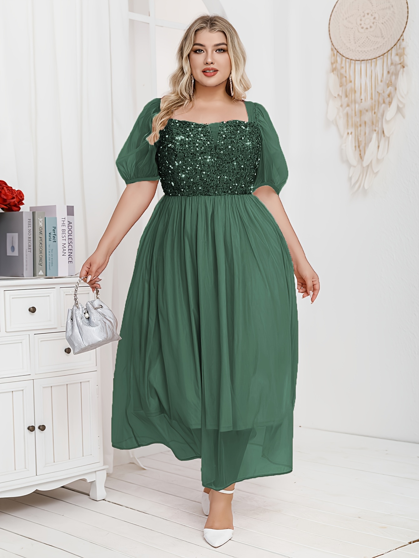 plus size womens elegant v neck sequin sleeve a line dress - Temu Cyprus