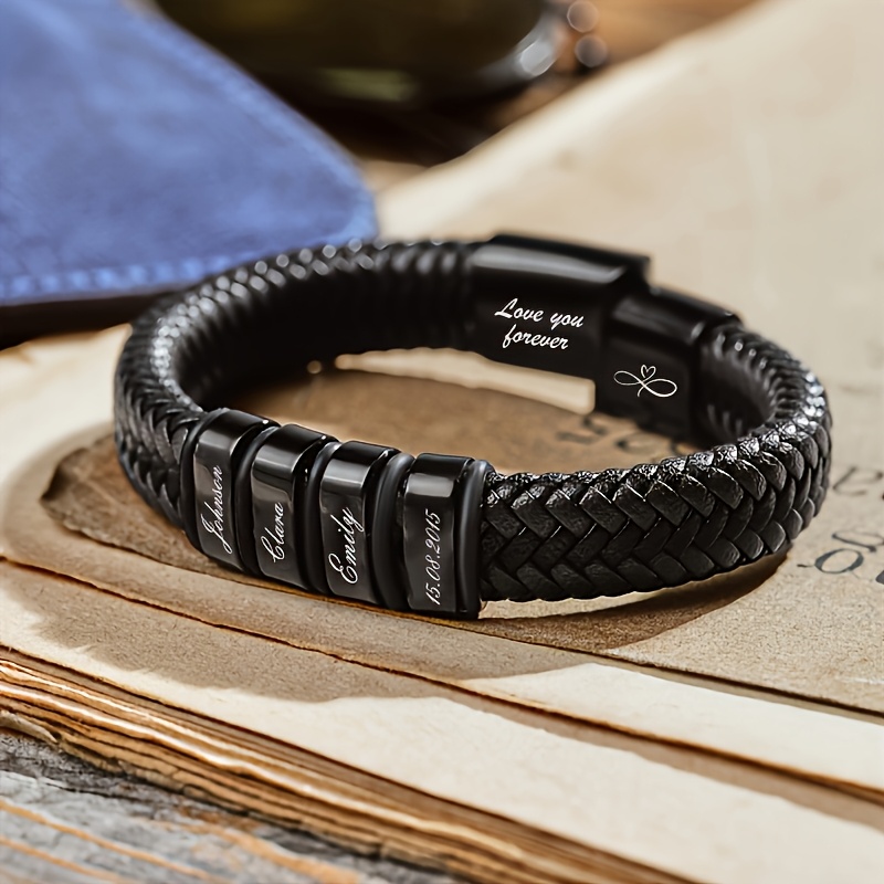 Personalized Men's Braided Cord Bracelet, Engravable Heart Lock Clasp