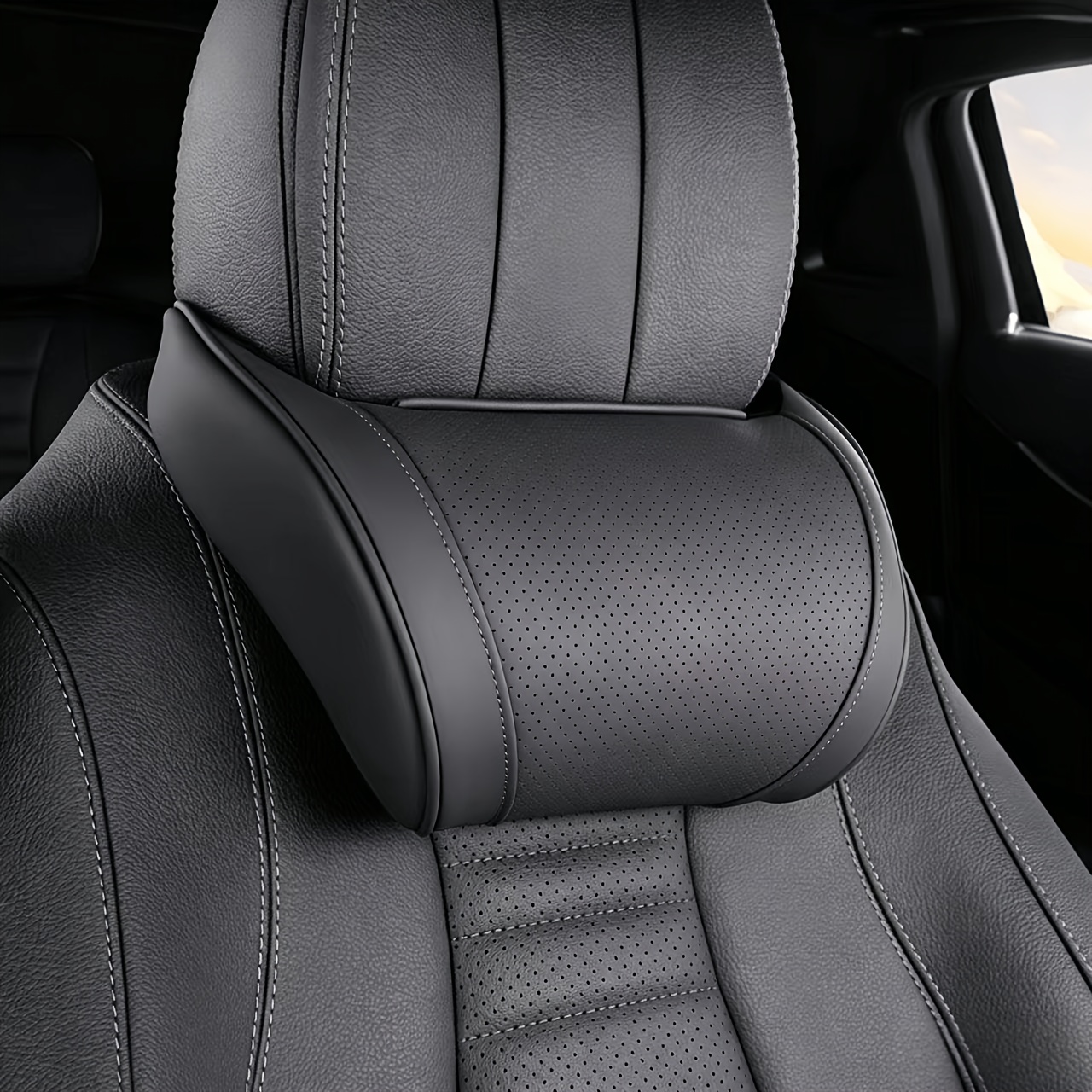 TEMU Fashionable New Car Headrest, Faux Leather Pu Neck Pillow, Universal Neck Pillow, Faux Leather Material With Perforated , Suitable For Various