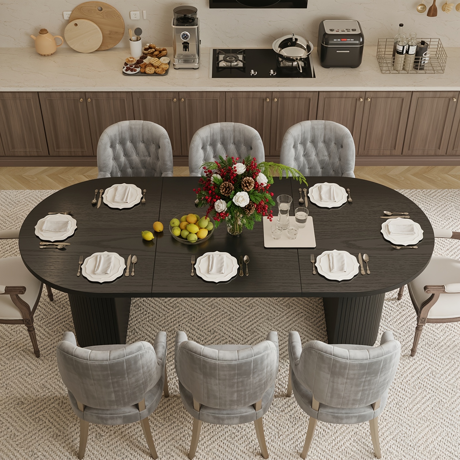TEMU Inch Dining Table For 4-8, Oval Dining Room Table With Curved Fluted Wood Strip Base, Mid-century Modern Kitchen Tables With Footpads, Dinner