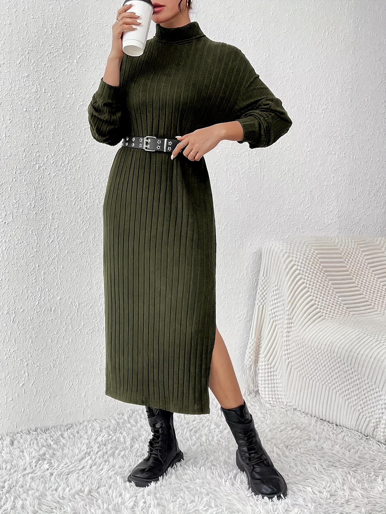 Long Sleeve Mock Neck Dress Casual Ribbed Knit Split Hem - Temu United  Kingdom