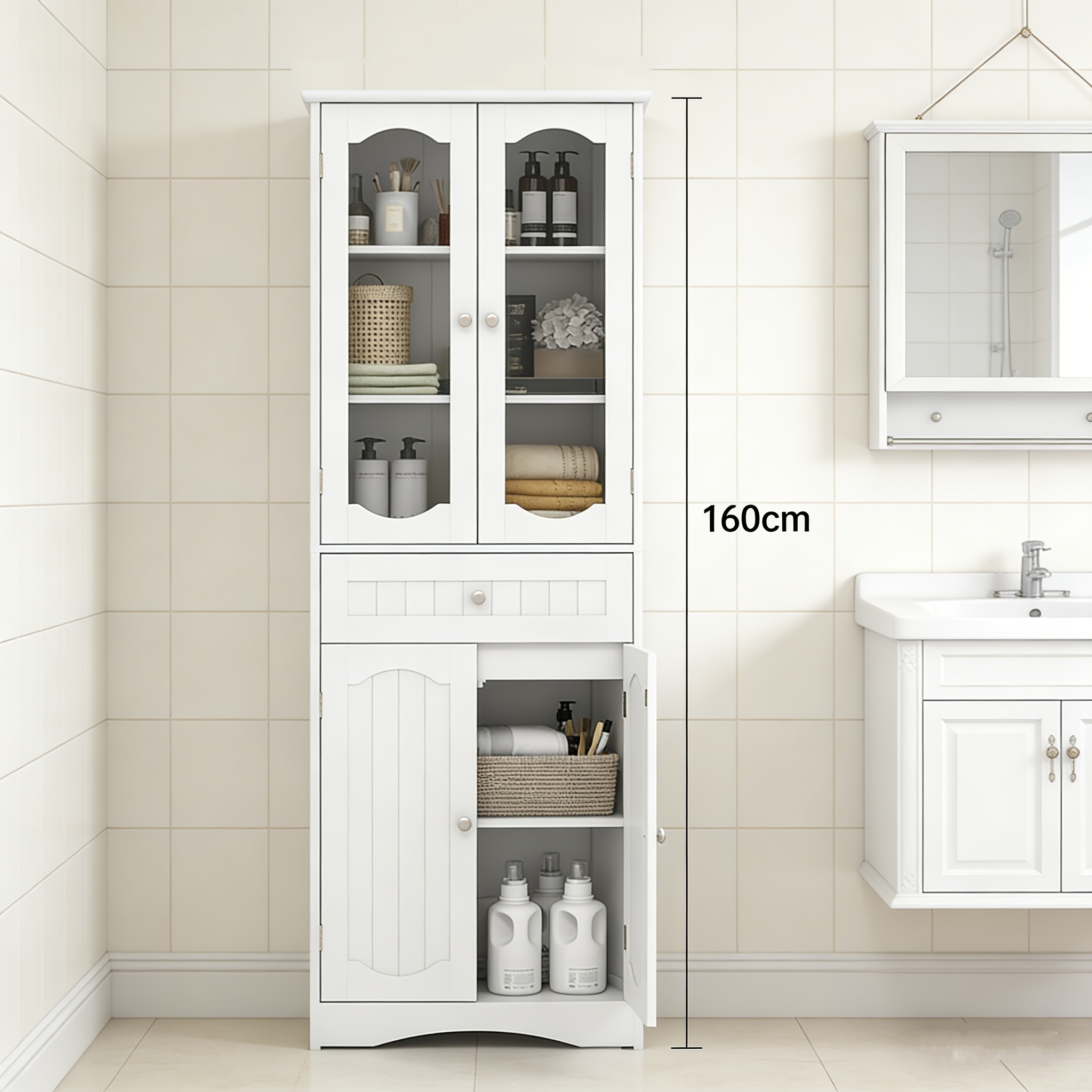 Image of 160 Cm Tall Bathroom Storage Cabinet, Freestanding Linen Cabinet With 2 Glass Doors, 2 Adjustable Shelves And 1 Drawer, Kitchen Pantry Cabinet Or Living Room, Dining Room, Office, White
