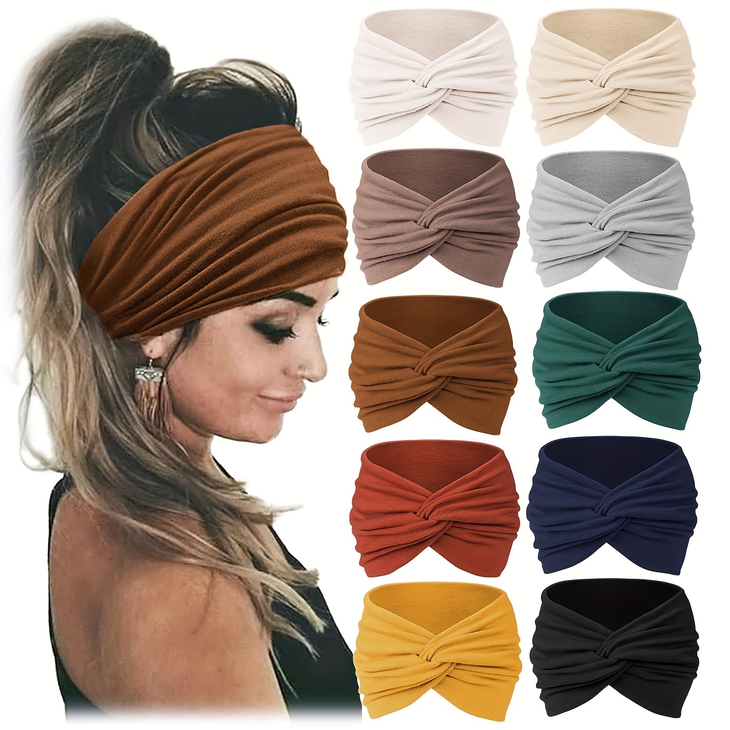 

10pcs Chic Stretchy Sports Headbands For Women - Knotted, Non-slip Yoga & Running Hair Bands In Multiple Colors, Breathable Knit Fabric For All , Hair Bands | Stylish Headbands | Stretchy Knit Fabric