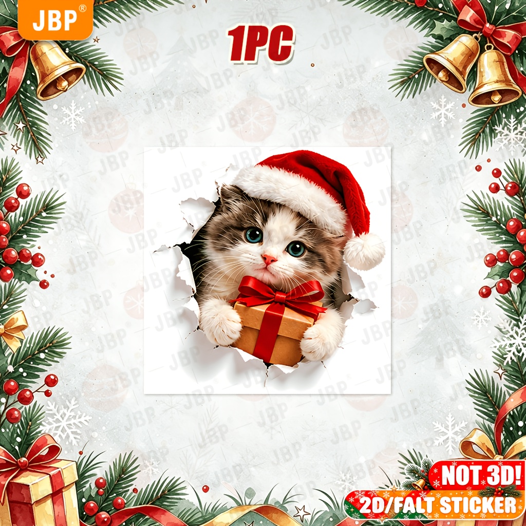 TEMU 2d Flat - 2d Flat - 2d/flat 1pc Cute Wall Christmas Outfit Kitten Pattern Toilet Seat Decor Sticker Holding Gift Box Easy To Apply For Bathroom
