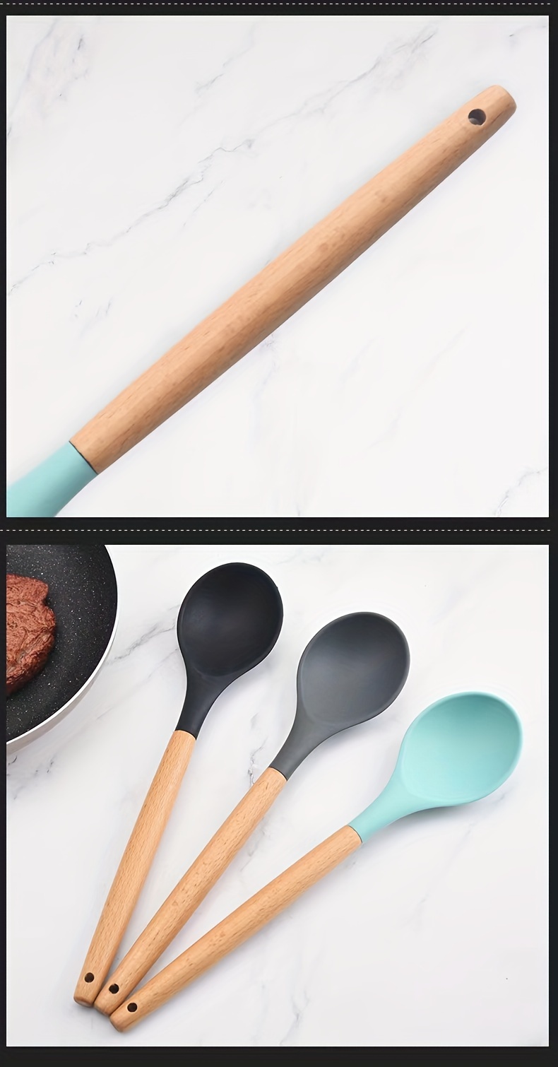 silicone spoon with wooden handle versatile kitchen utensil for soup salad stirring   easy to clean details 11