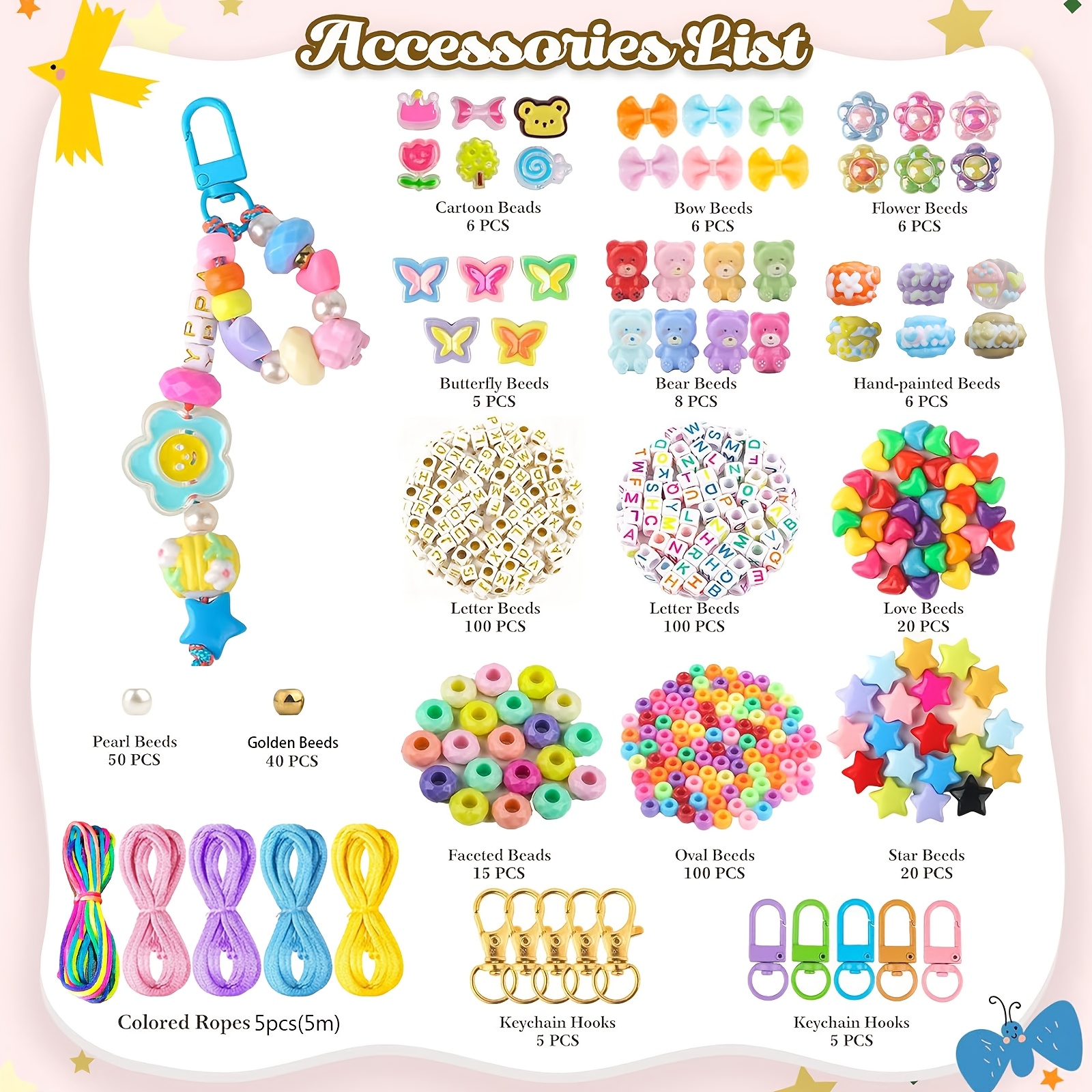 TEMU Kits de fabrication de bijoux : 497 pièces de perles de bracelet tendance, perles de lettres, papillons, et perles à grands trous pour fleurs,