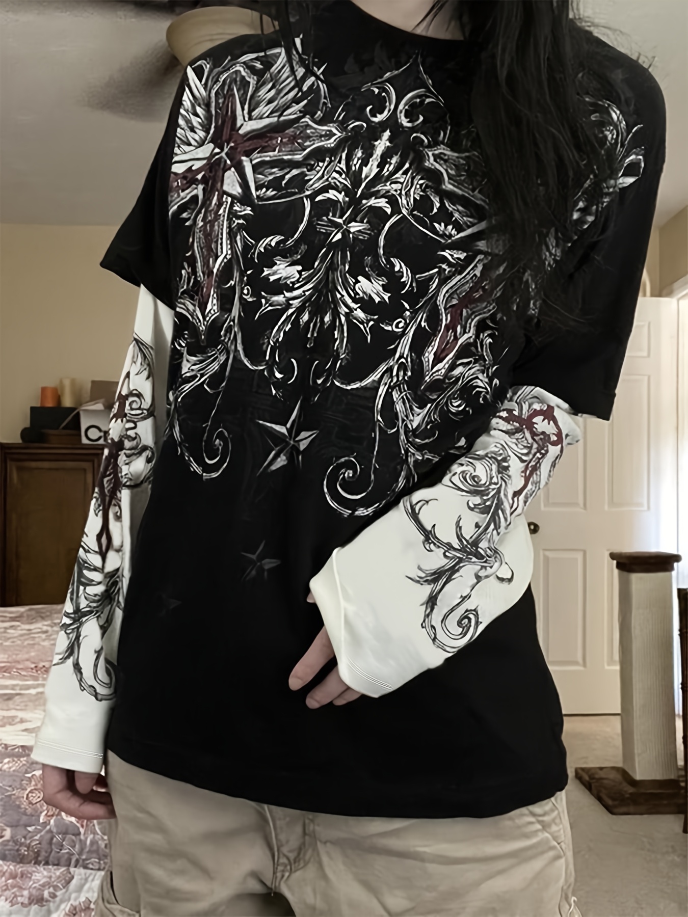 womens y2k dark punk style printed color block 2 - Temu Cyprus