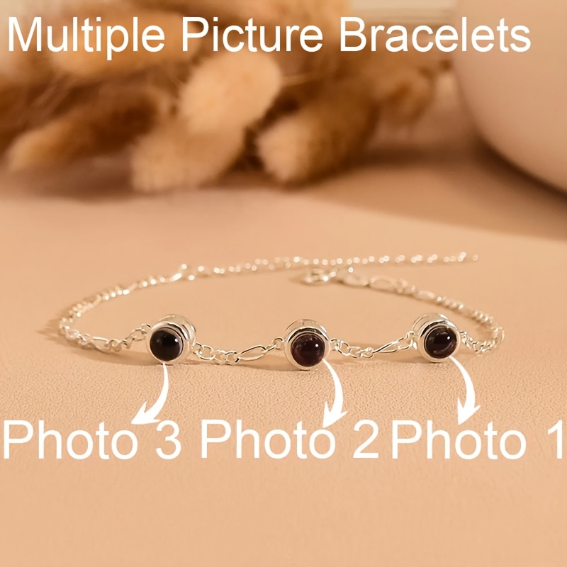TEMU Pulseras Personalizadas con Proyección de Fotos/Texto, Estilo Bohemio para con Imágenes de Recuerdo Incrustadas, Cadena Figaro de Acero