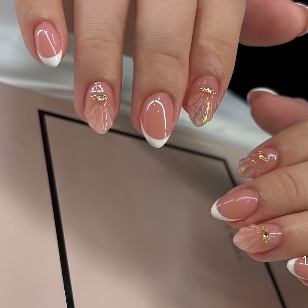 TEMU A Set Of 24 Short Almond-shaped French 3d Fake Nails Designed With Pearl Decorations, Featuring Removable Press-on Nails Suitable For Daily Life