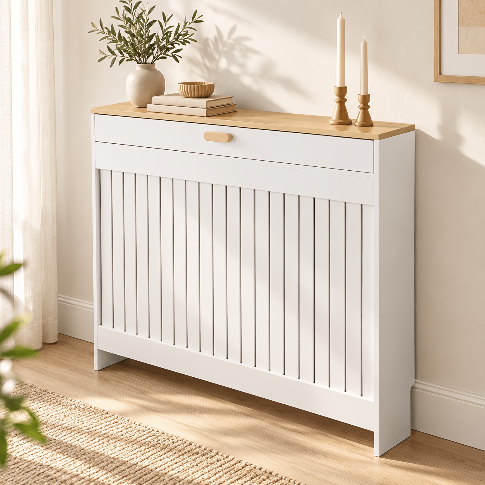 TEMU 1 de cubierta de radiador de MDF con lamas verticales, madera y cajón, mueble radiador moderno para salón o recibidor