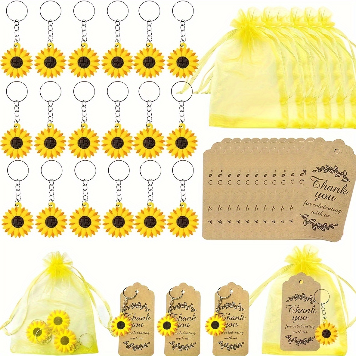 

54-piece Sunflower Keychain Favor Set - Pvc Material, Includes 18 Sunflower Key Rings, 18 Organza Bags, 18 Thank You Gift Tags For Party Supplies, Shower, School Awards, Birthday And Wedding Giveaways