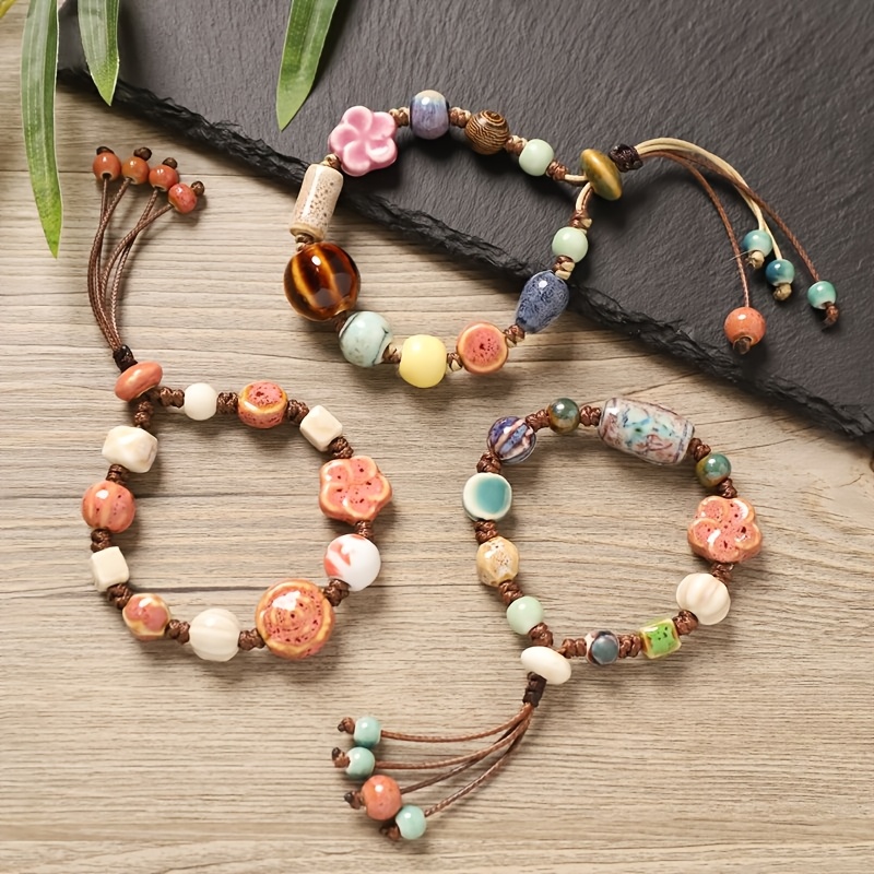 Handwoven Bohemian Ceramic Bead Bracelet for Women, Adjustable