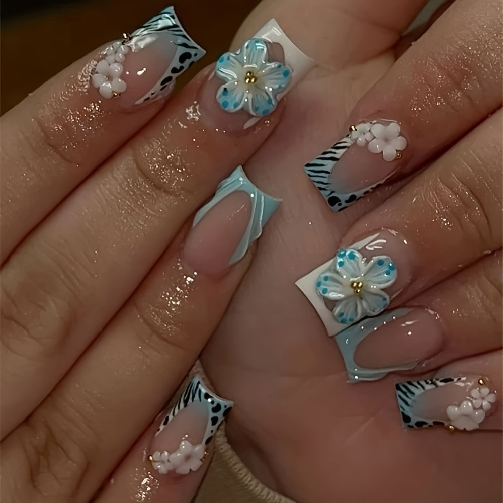TEMU 24pcs Short Square Press-on Fake Nails, Featuring A Sheer Nude Base With Blue And White Leopard Print Tips, With 3d Floral Accents And Golden