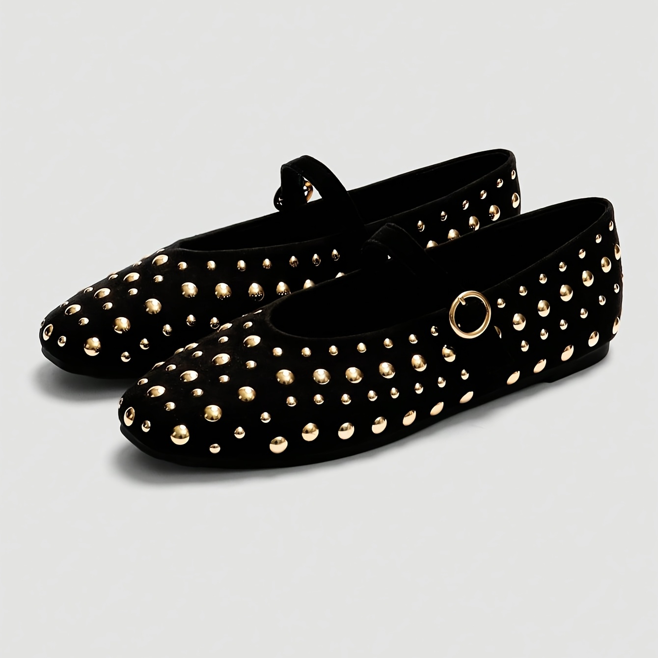 TEMU Zapatos planos Mary Jane de punta cuadrada negros para mujer, adornados con remaches dorados, tacón con una sola hebilla, zapatos retro