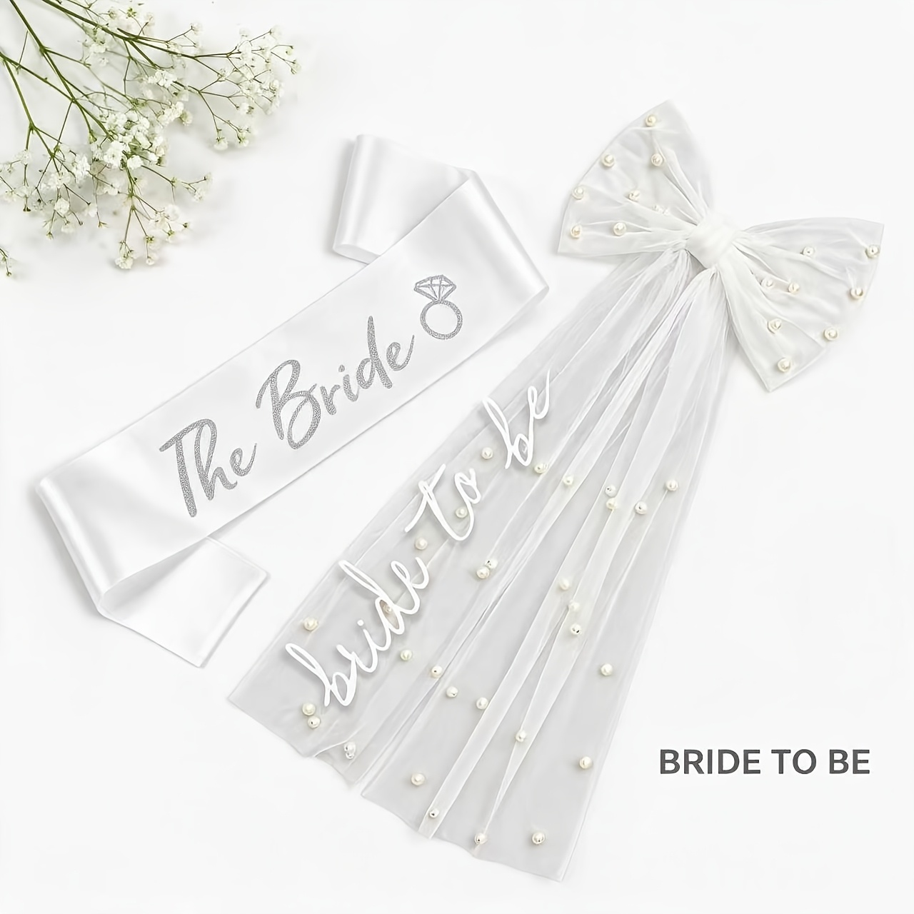 TEMU Set di accessori per da sposa, confezione , fascia da sposa in raso con stampa glitter e fermaglio per capelli con in tulle di , oggetti di per
