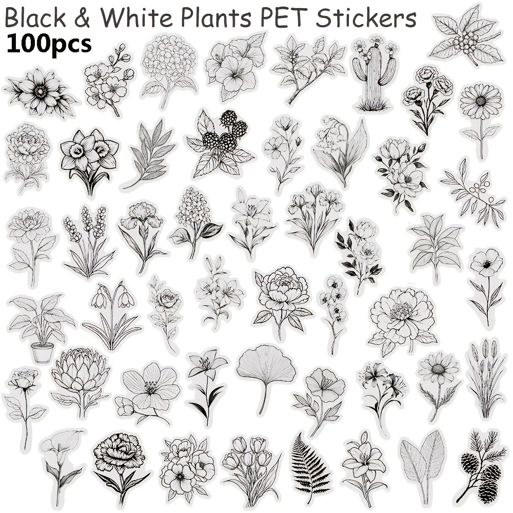 100pcs Minimalist Black And White Plant Pet Transparent Stickers | Suitable For Decorating Phones, Suitcases, Computers, Guitars, Books And Other Items