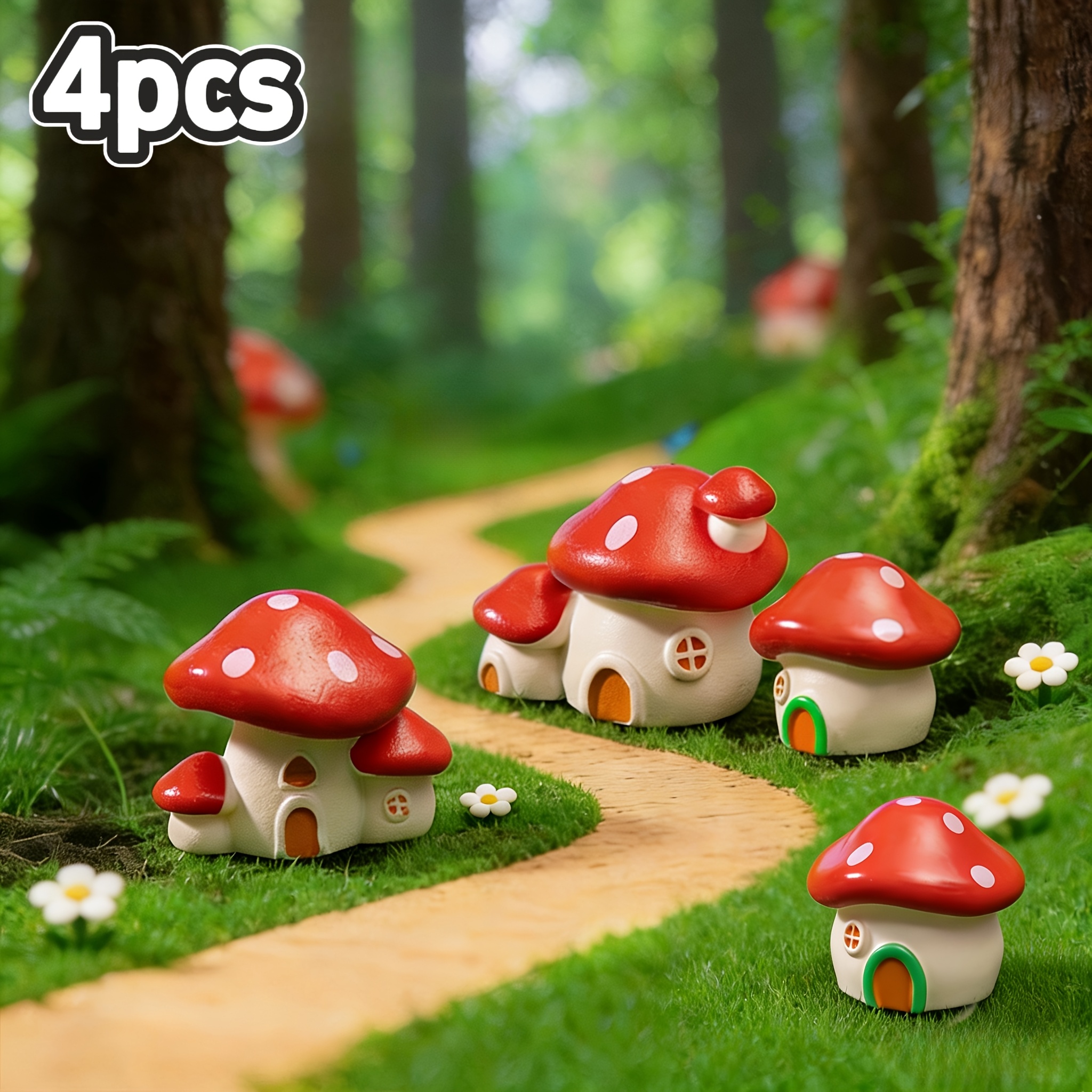 TEMU 4pcs, New Micro-landscape Creative Mushroom House, Bonsai Gardening, Landscaping, Decorative Additions, Small Ornaments, Desktop Ornaments, Very
