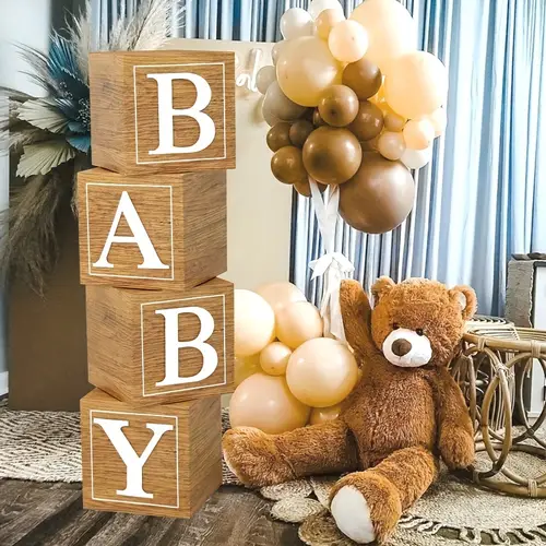 1set shower boxes birthday party decorations wood grain brown stereoscopic blocks with letters 1st birthday boxes boys girls shower supplies gender reveal party decor event party supplies