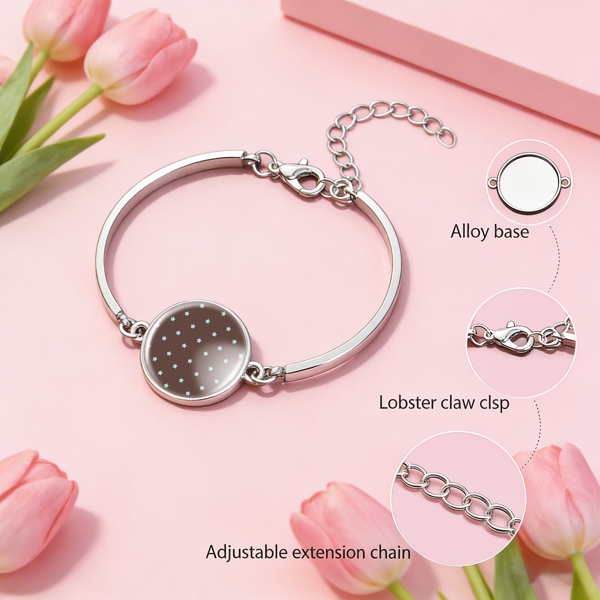 Women's Adjustable Star Bangle with Round Gemstone Inlay, Gift-Ready