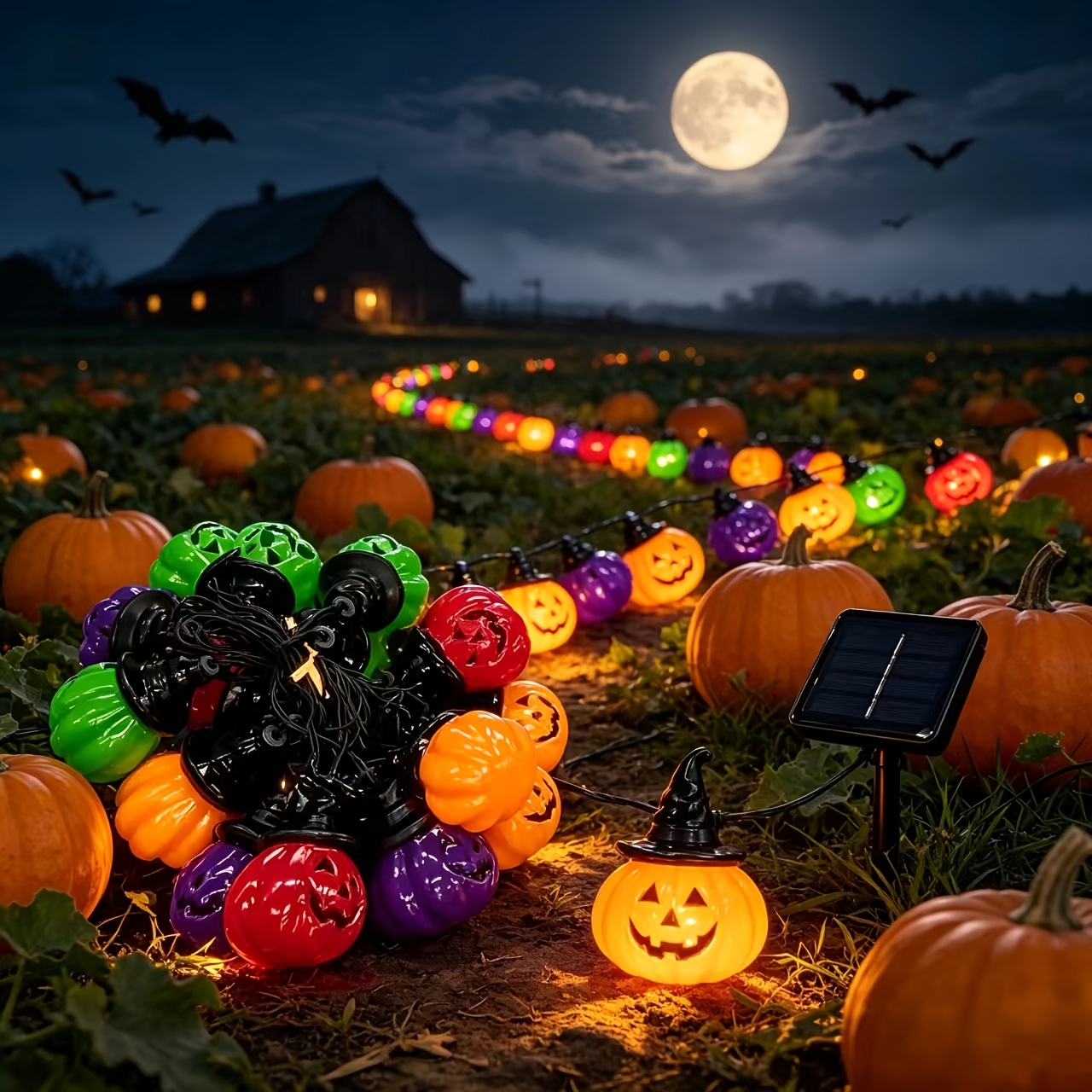 TEMU Guirlande Lumineuse Multicolore Citrouilles Solaires 5m 20 LED en Plastique pour Décoration d'Halloween Intérieure Extérieure Jardin Maison