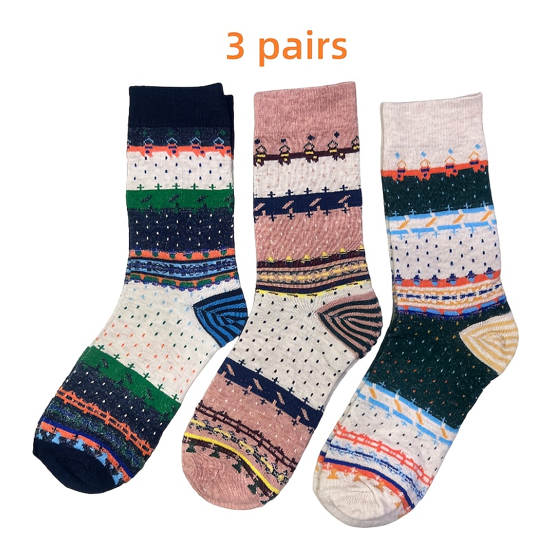 TEMU 3 Pairs Of Women's Retro Ethnic Style Mid-tube Socks - Fair Isle Style Socks For Women, Suitable For Daily Outdoor