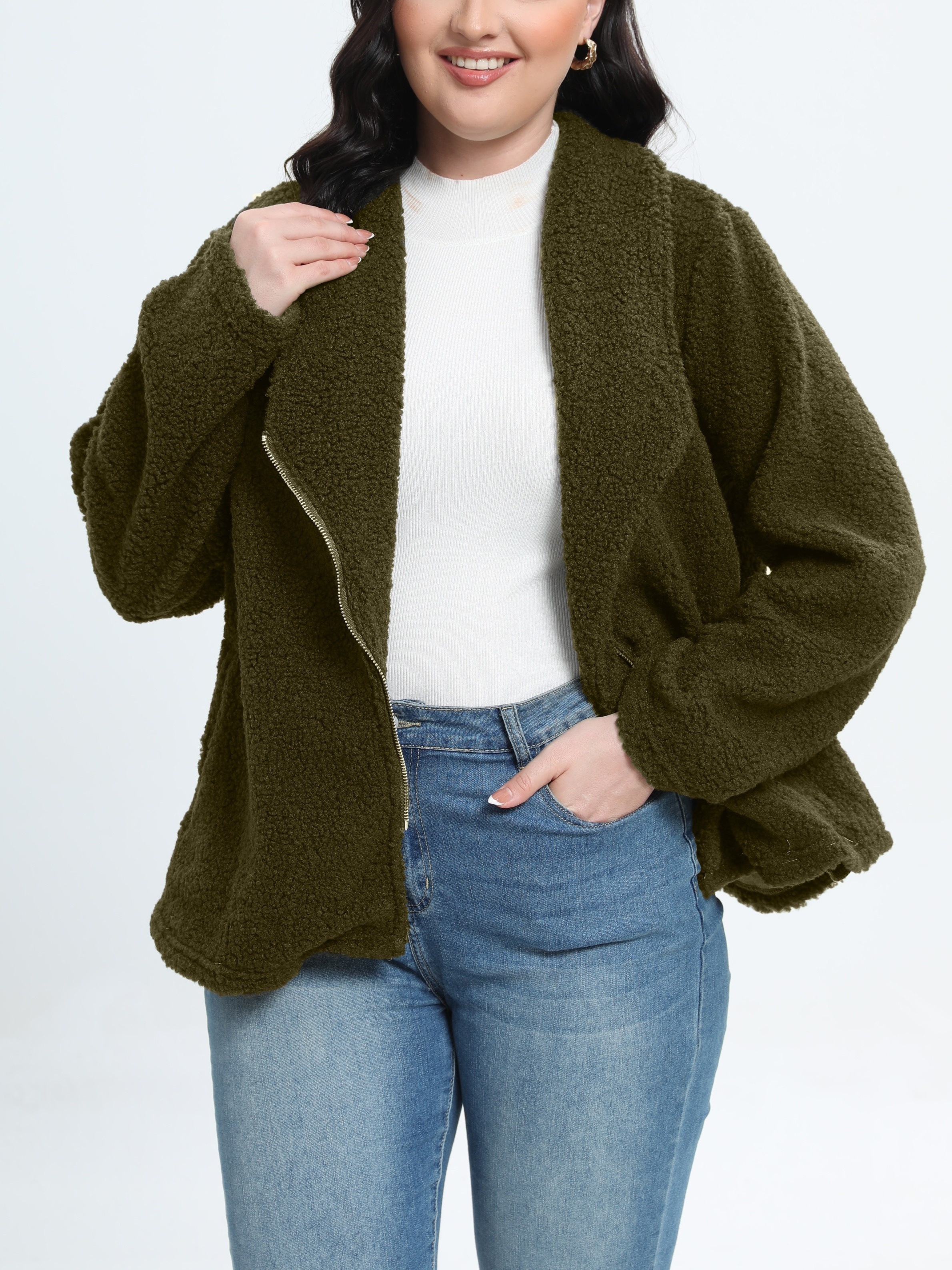 Plus Size Basic Denim Jacket Women's Plus Fleece Liner Long - Temu