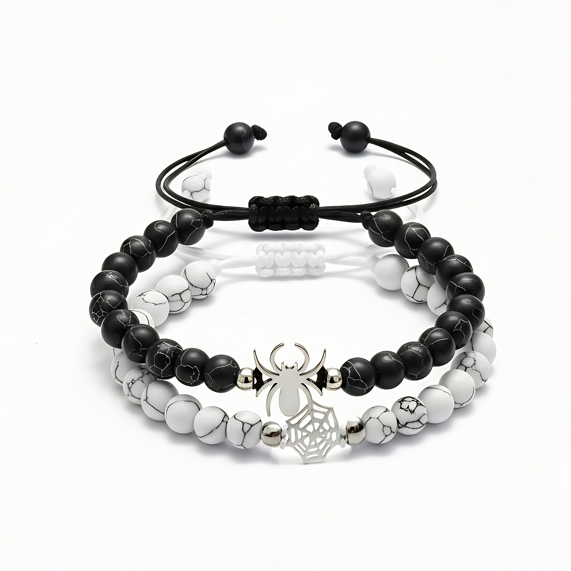 TEMU Matching Spider Web Bracelet Set For Couples, Black White Natural Stone Beaded Bracelet, Y2k Goth Punk Jewelry Accessory, Halloween Birthday