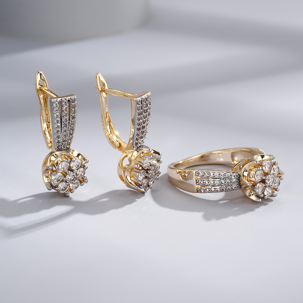 Light Luxury Floral Cluster Pave Synthetic Zirconia Earrings and Ring Set