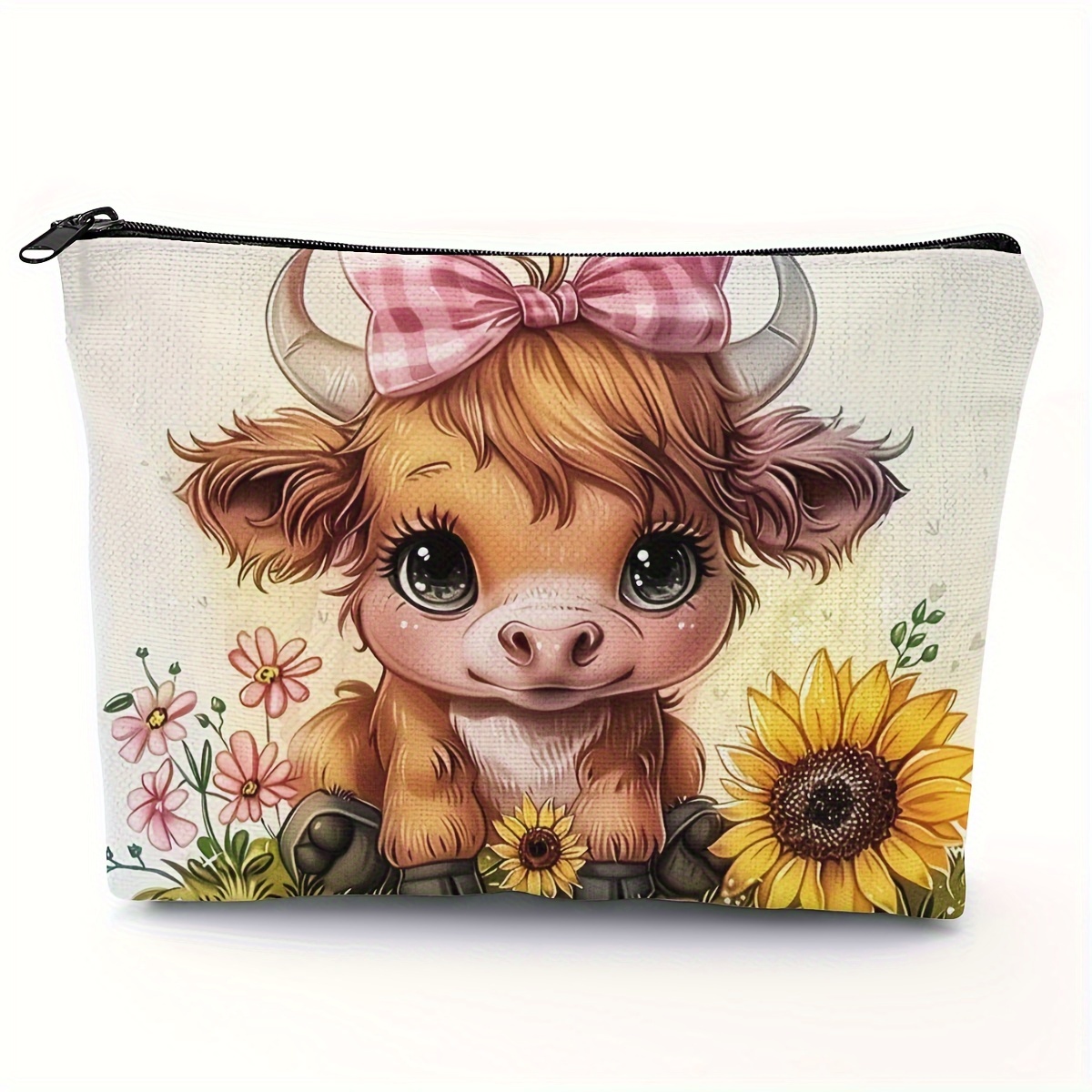 

Sunflower Cow Makeup Bag - Polyester Casual Highland Toiletry Organizer With Zipper Closure, Hand Washable Cosmetic Zippered Pouch For Travel - Western Floral Design, 1pc