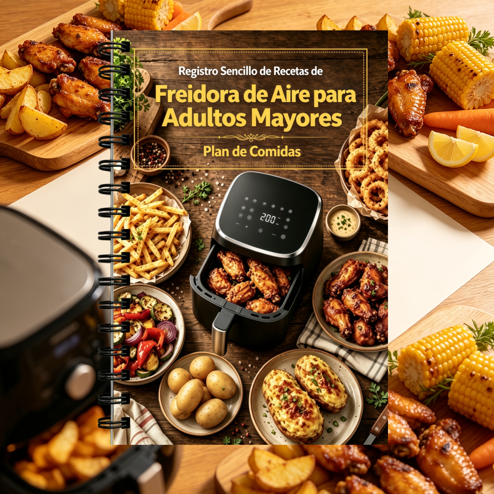 TEMU Versión en español - Libro de recetas para freidora de aire con cubierta de foto real de alimentos con diseño de de madera retro, encuadernación