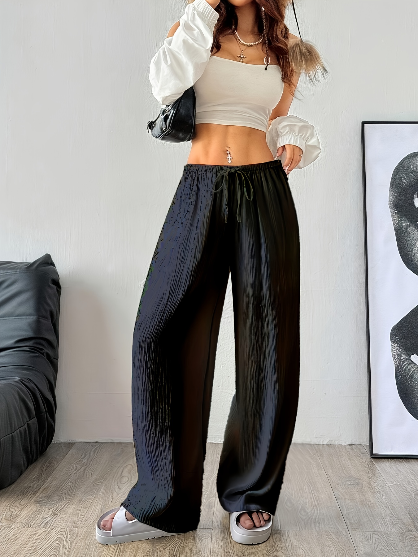 calças casuais de perna larga para mulheres cintura elástica