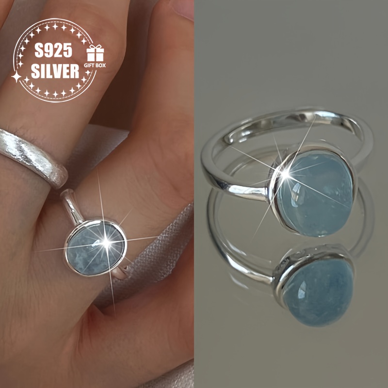 

1pc925 Silver Open Adjustable Ring For Women--temperament Luxury-female Style Fashion Blue Natural Stone Ring, Fashion Accessories Holiday Gift High-end Jewelry