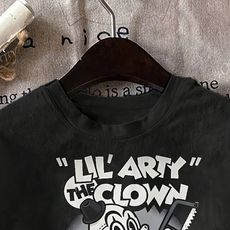 

Women's 'lilarry The Clown' Graphic Tee - Casual Black Short Sleeve T-shirt With Cartoon Print, Comfortable Polyester , Round Neck - Machine Washable