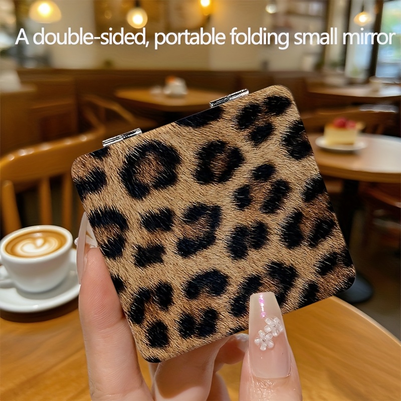 TEMU Leopard Print Compact Mirror, European And Makeup Mirror, Portable Mini Handheld Mirror, Instagram-style Cute Cartoon Design For Students