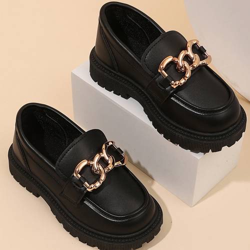 meisjes schattige loafers met ketting - zwarte bovenkant met gouden kettingdetails, ideaal voor kerstfeesten/cadeaus