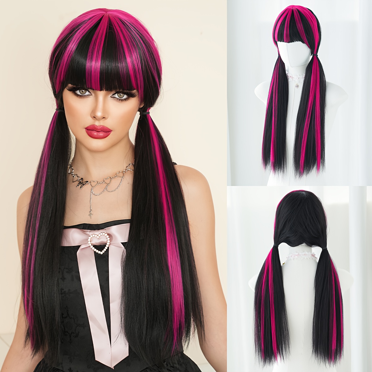 TEMU Aoife Halloween/christmas, Black Rose Bangs Twin Ponytails, Instant , Suitable For Women' Wear, Christmas, New Year, Carnival, Music Festival