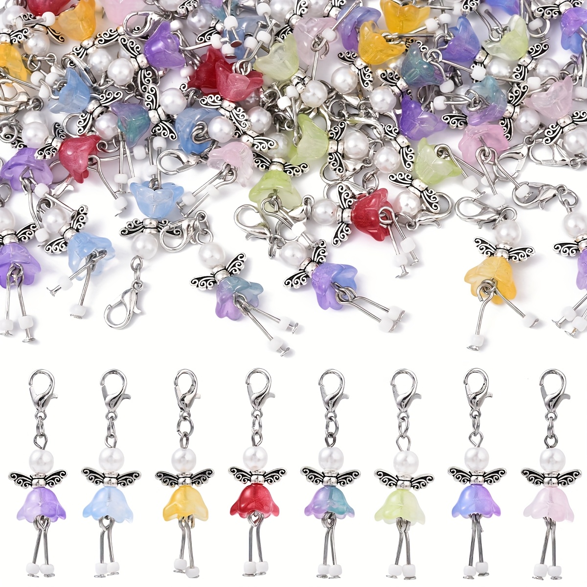E-shop 40 Stück bunte süße tanzende Engel-Blumen-Anhänger Schlüsselanhänger mit Legierung Karabinerhaken, 46mm DIY Schlüsselring, geeignet für