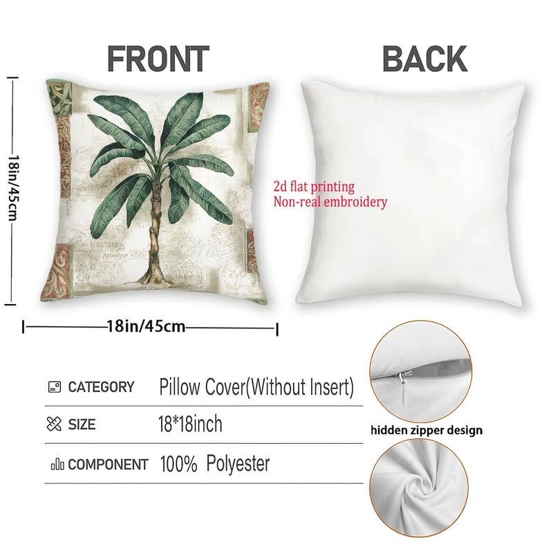 Oussum 18x18 Tropical Leaf Cushion Cover – Outdoor/Indoor Decorative Throw Pillow Case (100% Cotton, Green, Zip Closure)