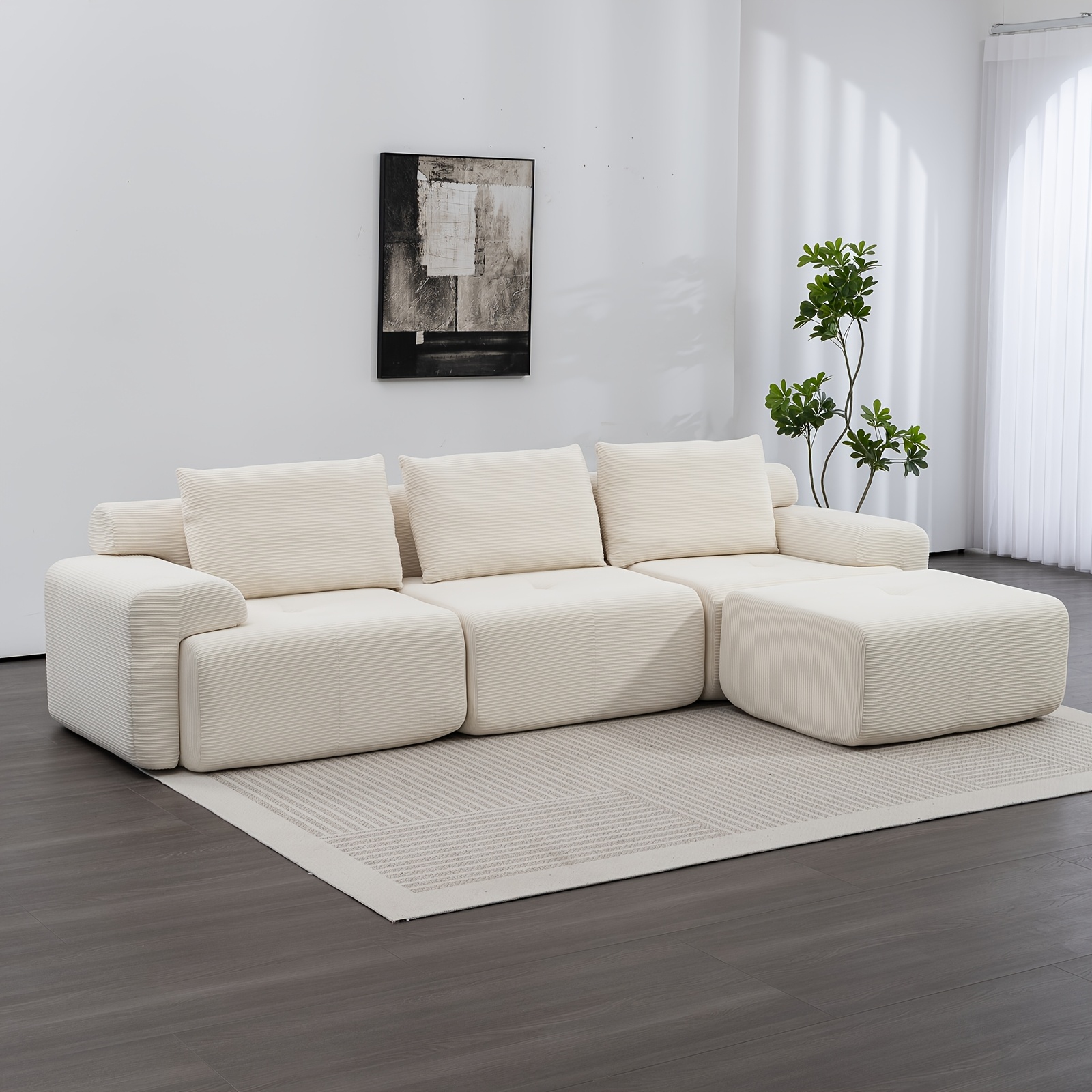 Image of 305cm Modern L-shaped Modular Sectional Sofa, No Assembly Modular Boneless Couch Oversized 3-seater Cloud Couch With Deep Seat And Movable Ottoman For Living Room - Corduroy Upholstery