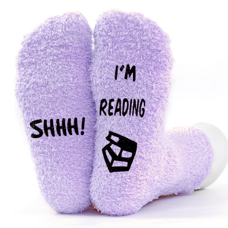 Image of 1-pair/4-pair Mid-calf Non-shedding Autumn/winter Style Small Flame Pattern Warm Coral "shh!!! I'm Reading" Thickened Warm Coral Non-slip Silicone Grip Socks - Comfortable Indoor Home Slipper Socks